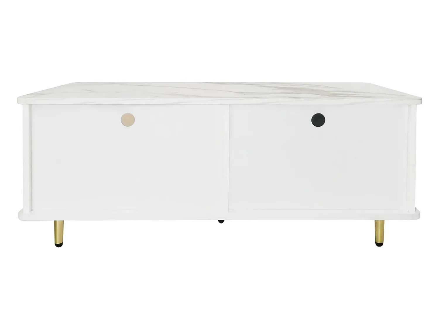 Mesa De Centro* Mesa de centro com porta de vidro temperado, gavetas onduladas, pés e puxadores dourados, para sala de estar. Branco