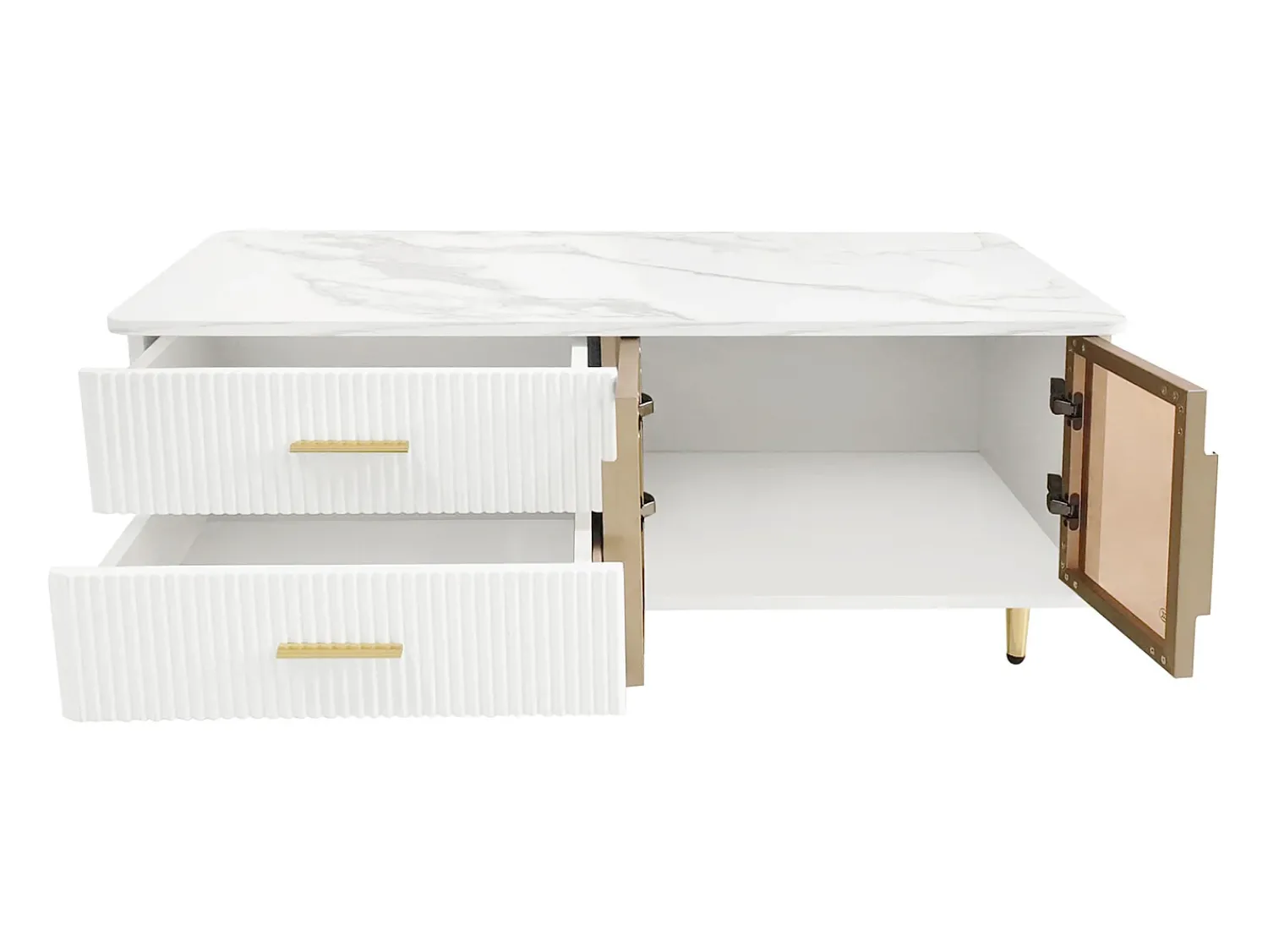 Mesa De Centro* Mesa de centro com porta de vidro temperado, gavetas onduladas, pés e puxadores dourados, para sala de estar. Branco
