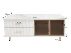 Mesa De Centro* Mesa de centro com porta de vidro temperado, gavetas onduladas, pés e puxadores dourados, para sala de estar. Branco