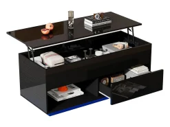 Merax Mesa de centro com tampo elevatório e acabamento laqueado de alto brilho - 100 x 50 x 55 cm - com LEDs + gaveta + prateleira - aglomerado - preta^ Mesa De Centro