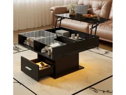 Mesa De Centro*Hauss Spole Mesa de centro com tampo elevatório, iluminação LED e gaveta - Acabamento brilhante - Preto