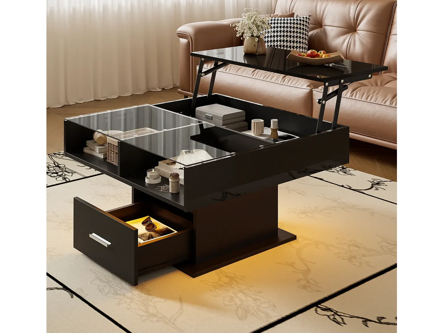 Mesa De Centro*Hauss Spole Mesa de centro com tampo elevatório, iluminação LED e gaveta - Acabamento brilhante - Preto