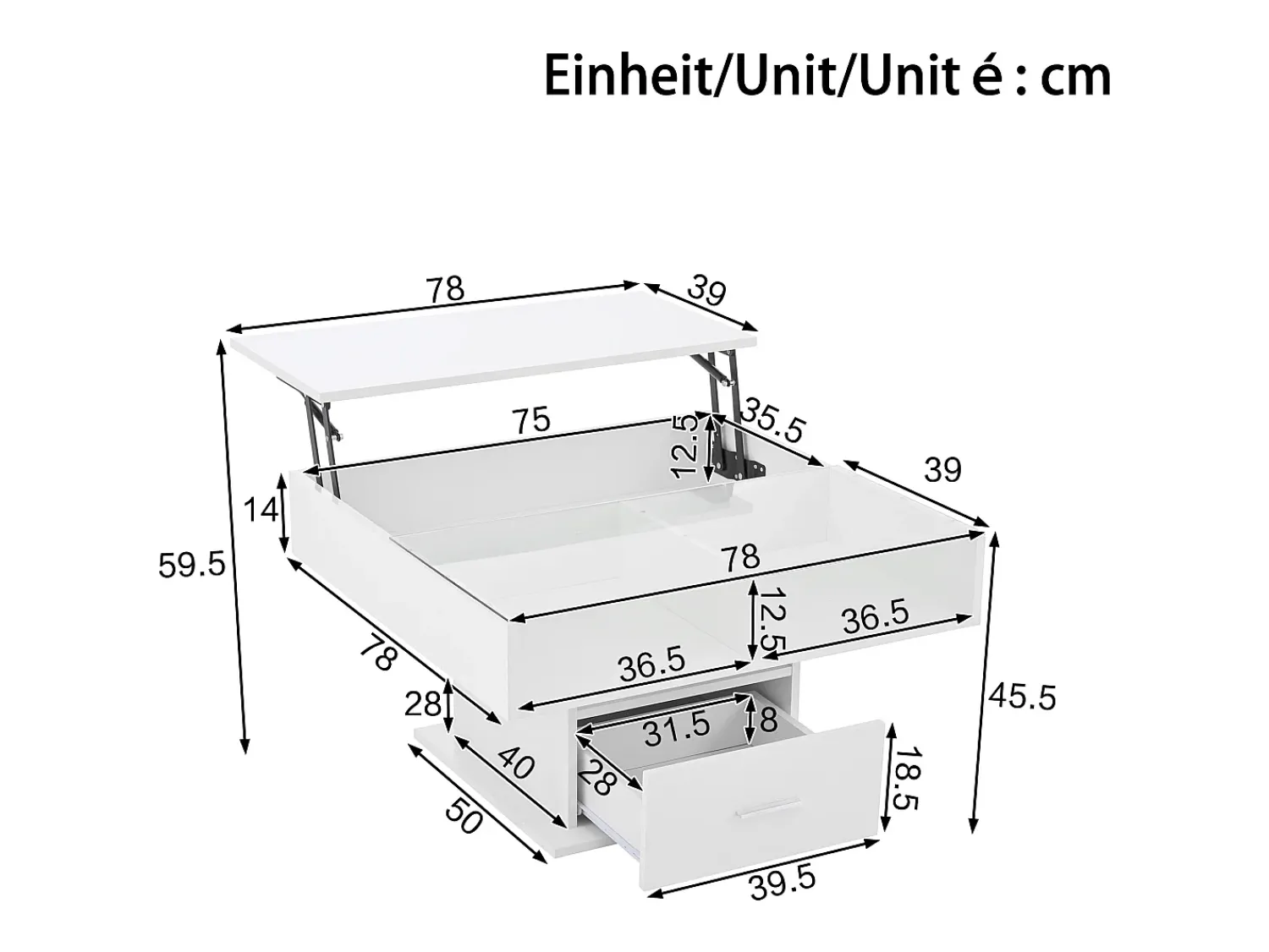 Mesa De Centro*Hauss Spole Mesa de centro com tampo elevatório, iluminação LED e gaveta - Acabamento brilhante - Branco