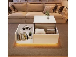 Mesa De Centro|Hauss Spole Mesa de centro com tampo elevatório e LED, arrumação integrada, em lacado brilhante Branco