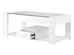Merax Mesa de centro com tampo de vidro - 100 x 50 x 40 cm - com gaveta e espaço de armazenamento - aglomerado - branca^ Mesa De Centro