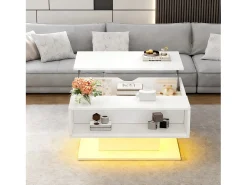 Discount Merax Mesa de centro com tampo elevatório - 80 x 75 x 40 cm - elevação hidráulica - com espaço de armazenamento + LEDs - aglomerado - branca Branco