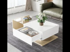 Merax Mesa de centro com uma gaveta e prateleiras - LEDs - 105x55x32,5cm - Aglomerado - Branco brilhante e madeira^ Mesa De Centro