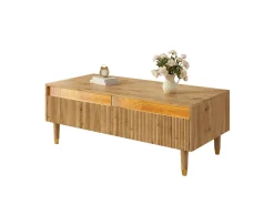 Sale Hauss Spole Mesa de centro cor madeira com LED, 2 gavetas, dourado e pés em madeira 110x50x40cm Natural claro