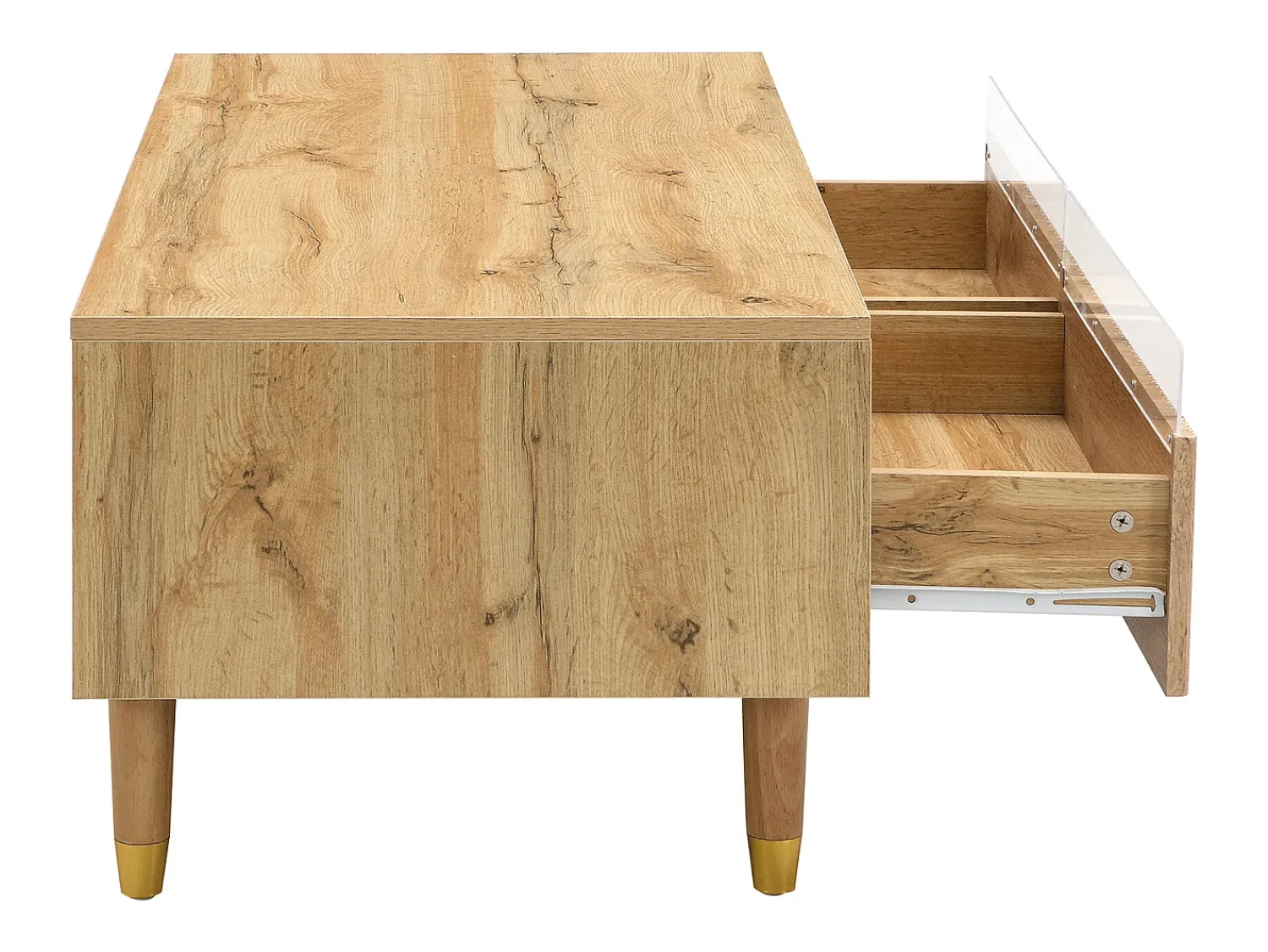 Sale Hauss Spole Mesa de centro cor madeira com LED, 2 gavetas, dourado e pés em madeira 110x50x40cm Natural claro