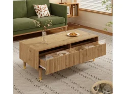 Sale Hauss Spole Mesa de centro cor madeira com LED, 2 gavetas, dourado e pés em madeira 110x50x40cm Natural claro