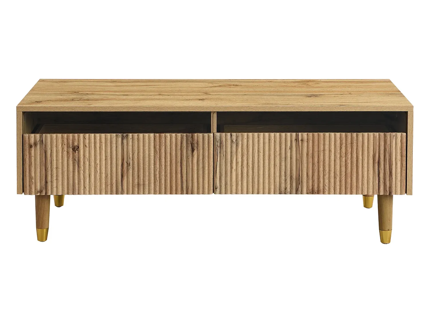 Sale Hauss Spole Mesa de centro cor madeira com LED, 2 gavetas, dourado e pés em madeira 110x50x40cm Natural claro