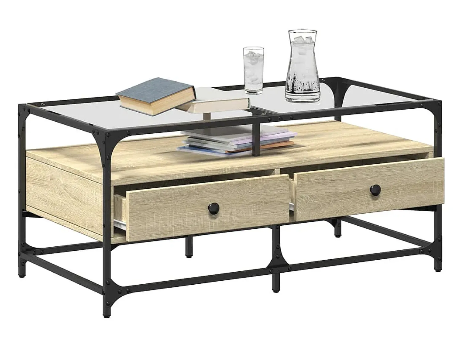Discount Mesa de centro c/topo de vidro 98,5x50x45cm carvalho sonoma aço PT994767 Castanho