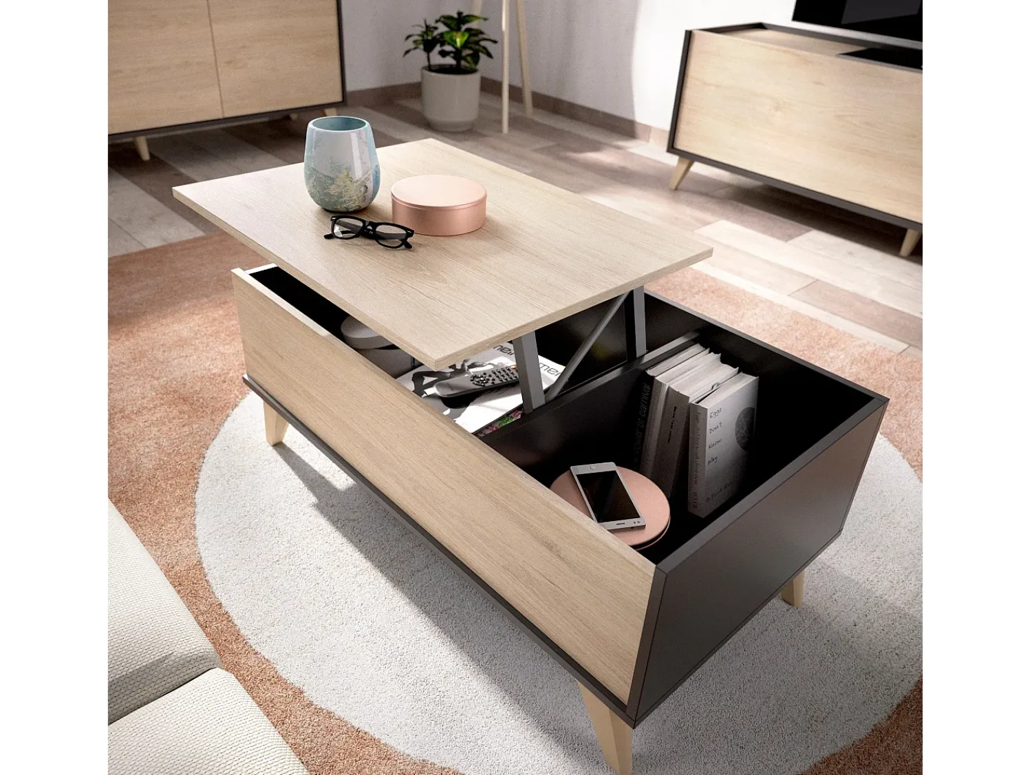 Mesa De Centro*Dmora Mesa de centro Cuna, Porta-revistas da sala com compartimento de arrumação, Mesa de centro baixa elevada, 99x60h41 cm, Antracite e Carvalho Preto