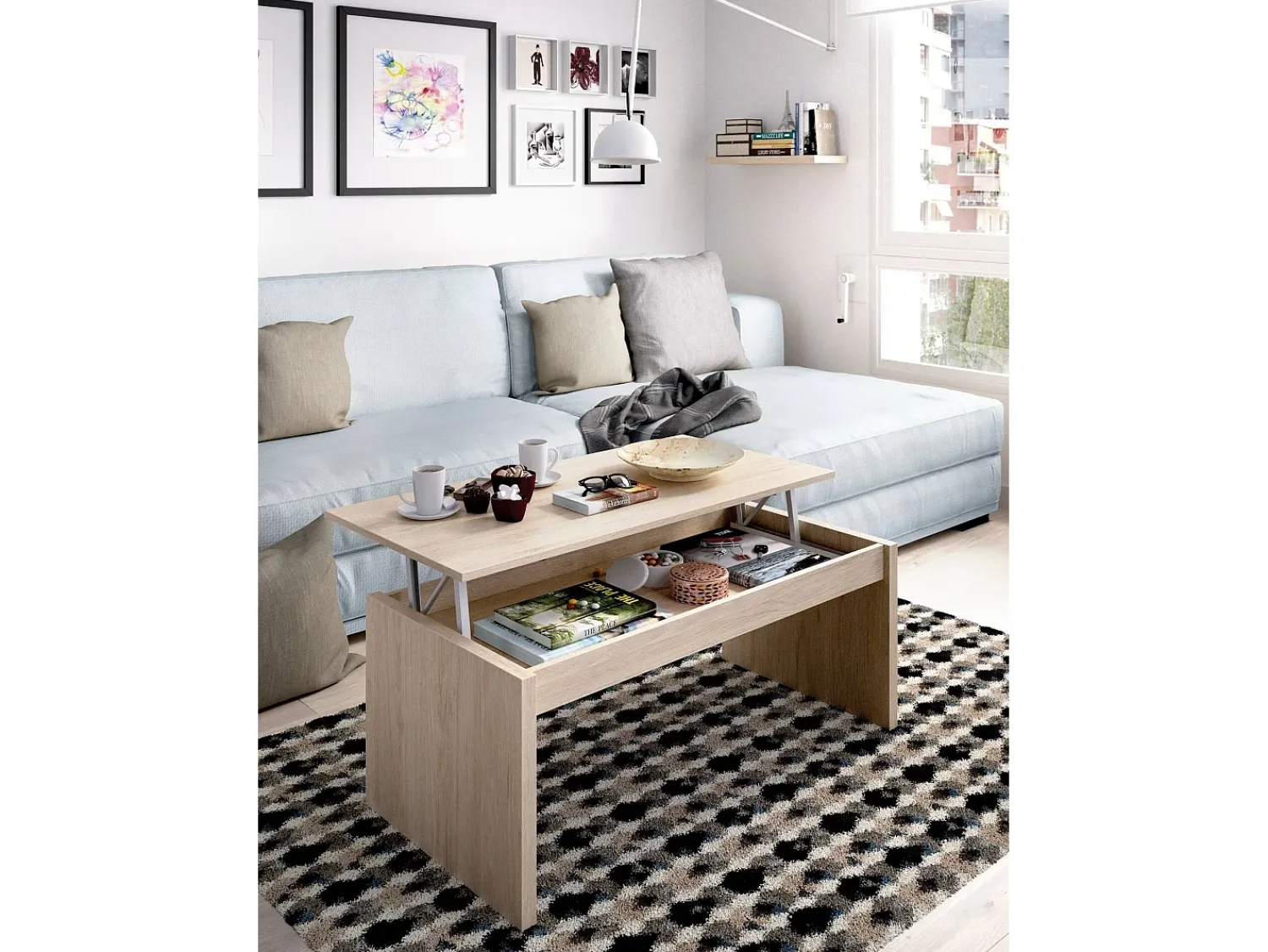 Mesa De Centro*Dmora Mesa de centro Dburgi, Porta-revistas para sala com compartimento de arrumação, Mesa de centro baixa elevada, 102x50h43 cm, Carvalho Castanho