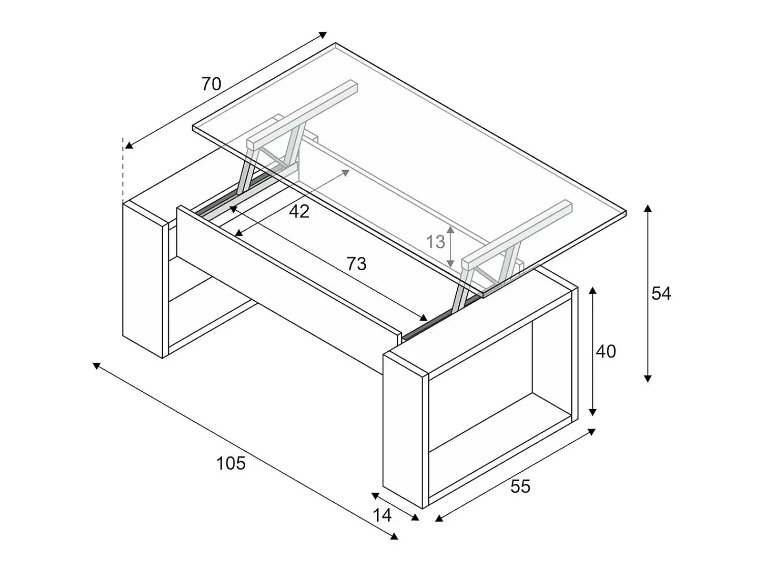 Outlet Dmora Mesa de centro Ddav, Mesa de centro com tampo elevável, Mesa baixa de sala, 105x55h45/56 cm, Branco