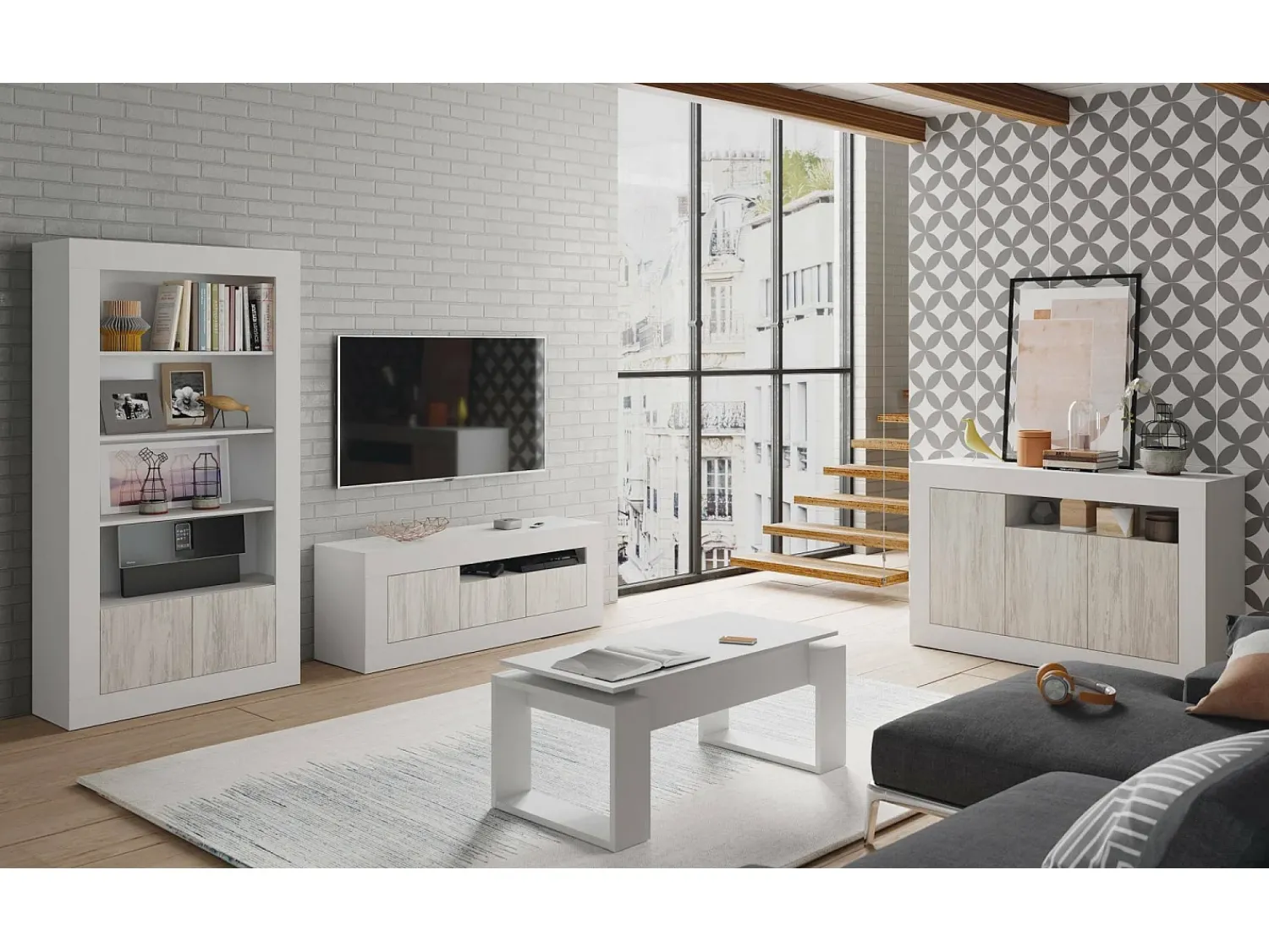 Outlet Dmora Mesa de centro Ddav, Mesa de centro com tampo elevável, Mesa baixa de sala, 105x55h45/56 cm, Branco