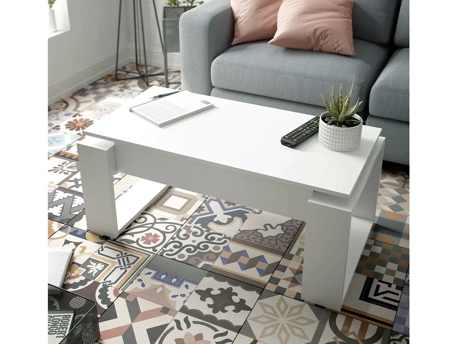 Outlet Dmora Mesa de centro Ddav, Mesa de centro com tampo elevável, Mesa baixa de sala, 105x55h45/56 cm, Branco