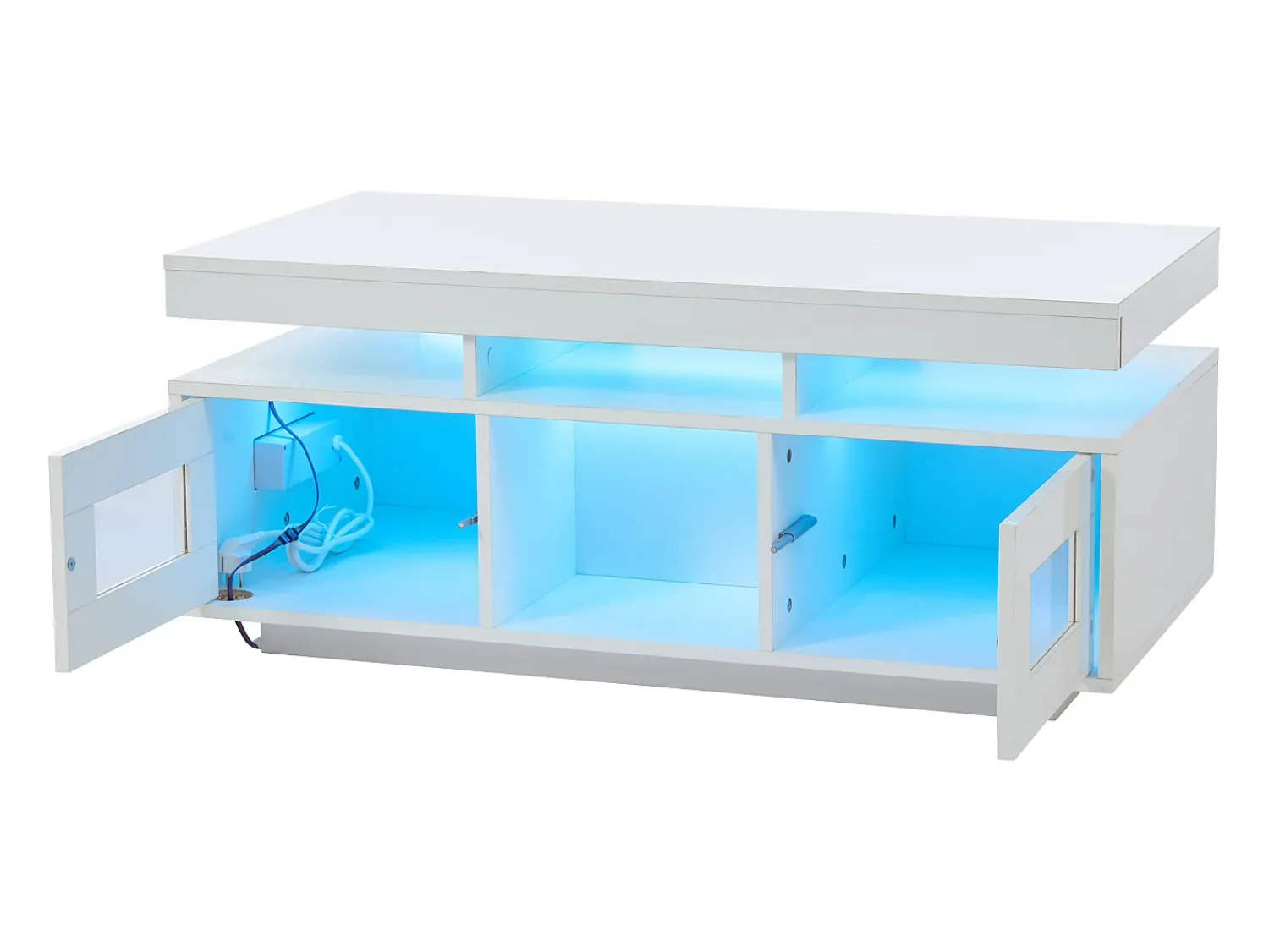 Sale ModernLuxe Mesa de centro de alto brilho 100x50x43cm - com 2 portas - iluminação LED - com porta de carregamento e tomada - branca Branco