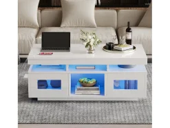 Sale ModernLuxe Mesa de centro de alto brilho 100x50x43cm - com 2 portas - iluminação LED - com porta de carregamento e tomada - branca Branco