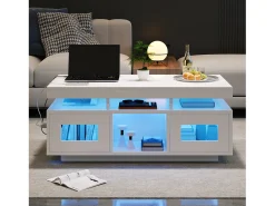 Sale ModernLuxe Mesa de centro de alto brilho 100x50x43cm - com 2 portas - iluminação LED - com porta de carregamento e tomada - branca Branco