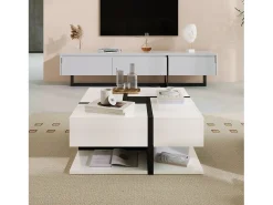 Mesa De Centro*Merax Mesa de centro de alto brilho com 4 gavetas - 78 x 78 x 36 cm - espaço de armazenamento embaixo - aglomerado - Branco