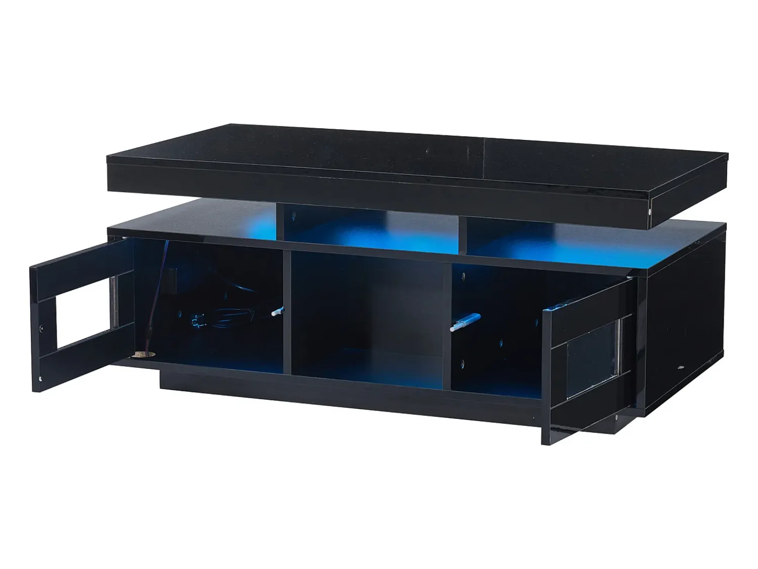 ModernLuxe Mesa de centro de alto brilho 100x50x43cm - com 2 portas - iluminação LED - com porta de carregamento e tomada - preta^ Mesa De Centro