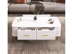 Sale Mesa de centro de madeira com 4 gavetas, cantos arredondados, puxadores e pés dourados, branca. Branco