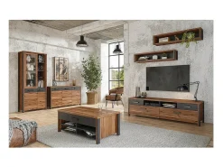 Meublorama Mesa de centro design coleção WINDSOR com gaveta e nichos. Cor carvalho escuro e cinza antracite.^ Mesa De Centro