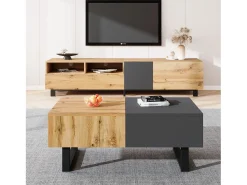 Mesa De Centro| Mesa de centro deslizante 100-155x55x40cm, com arrumação oculta, suporte em madeira e metal, e natural Preto