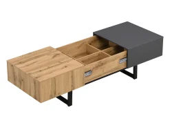 Mesa De Centro| Mesa de centro deslizante 100-155x55x40cm, com arrumação oculta, suporte em madeira e metal, e natural Preto