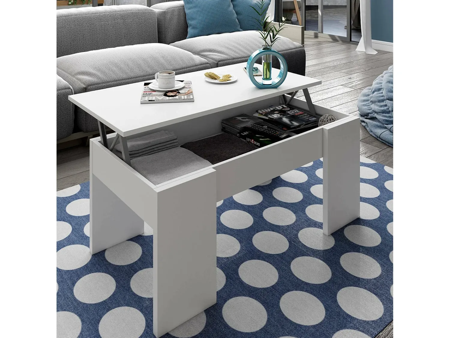 Mesa De Centro*Dmora Mesa de centro Dleal, Mesa de centro com tampo elevável, Mesa baixa de sala, 100x50h45/56 cm, brilhante Branco