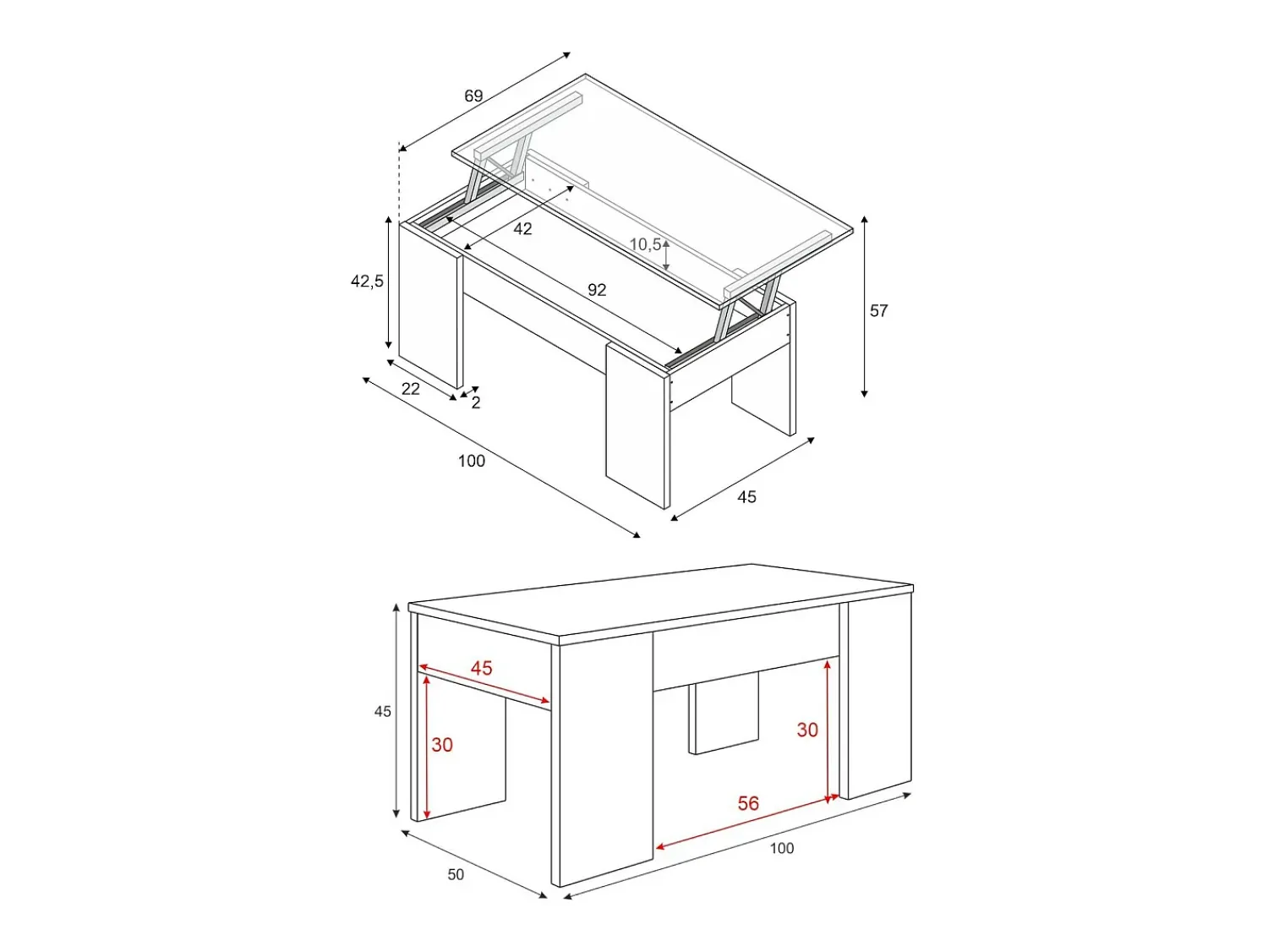 Dmora Mesa de centro Dleal, Mesa de centro com tampo elevável, Mesa baixa de sala, 100x50h45/56 cm, e Carvalho Branco