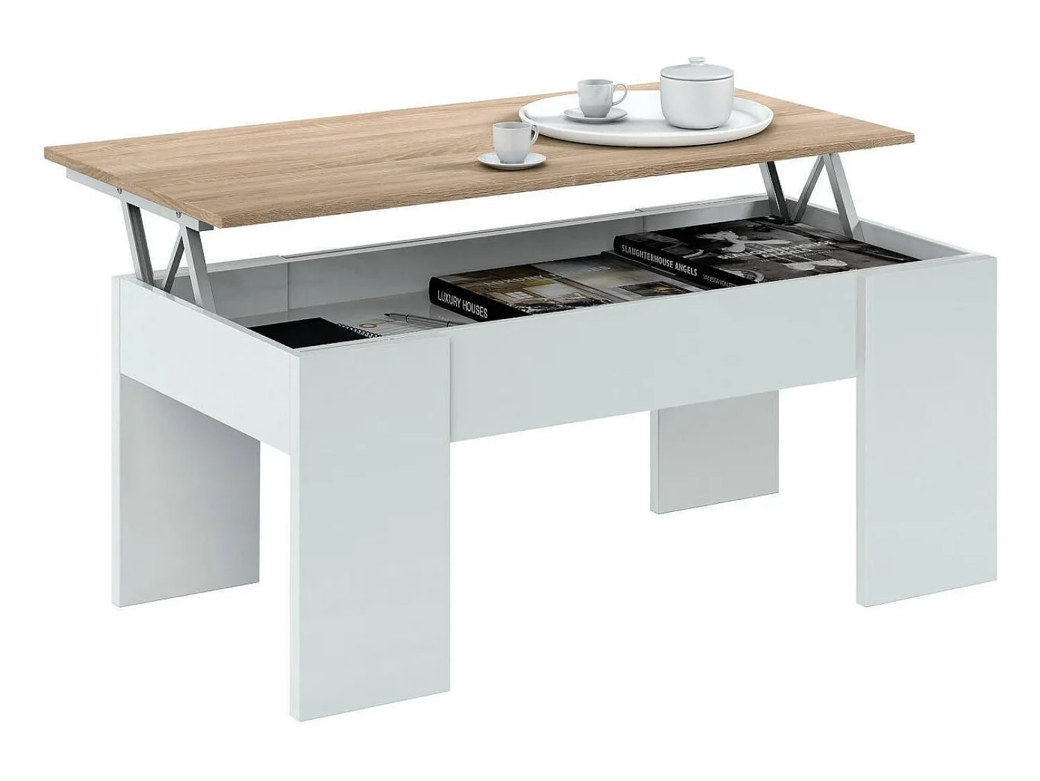 Dmora Mesa de centro Dleal, Mesa de centro com tampo elevável, Mesa baixa de sala, 100x50h45/56 cm, e Carvalho Branco