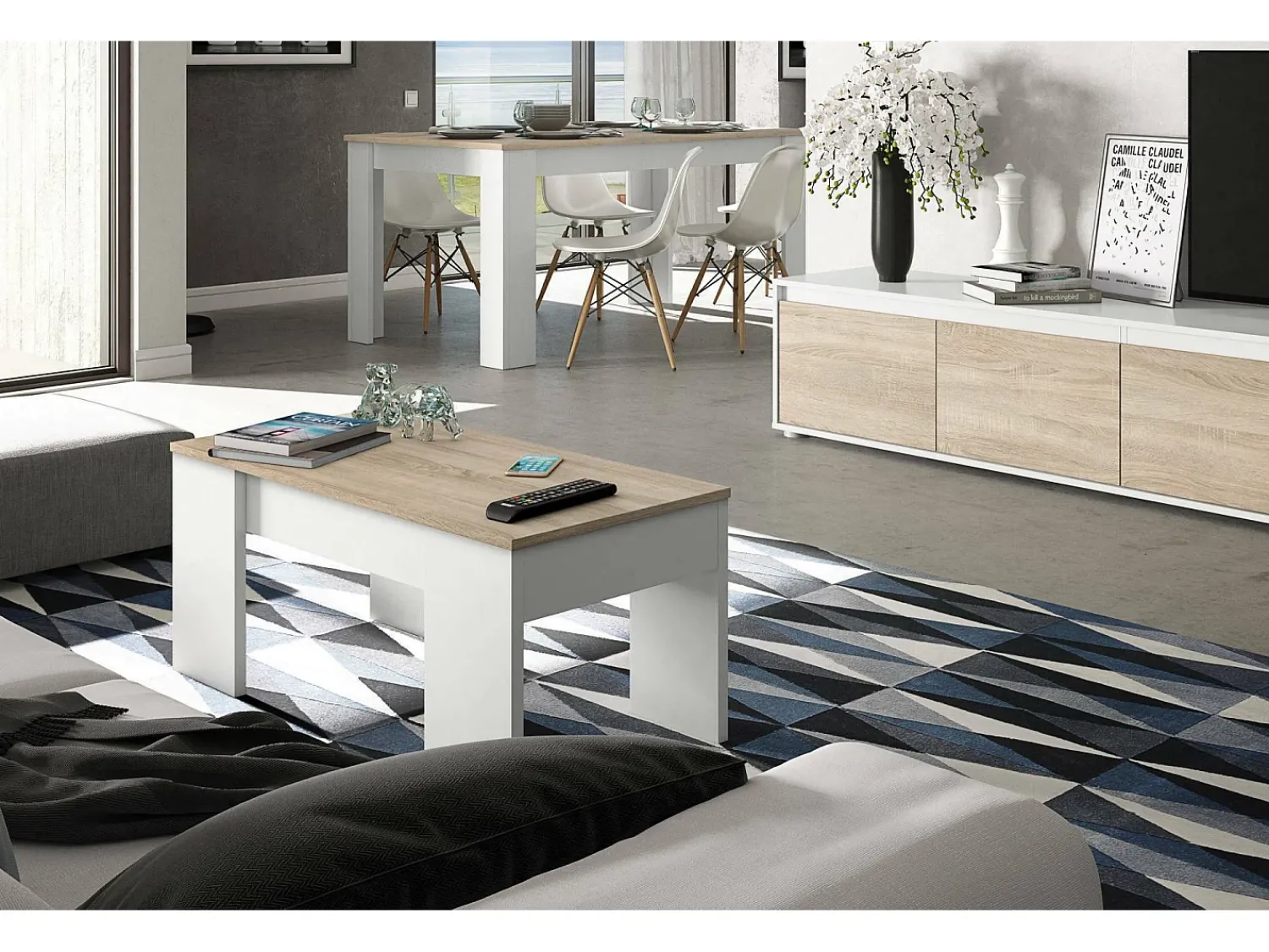 Dmora Mesa de centro Dleal, Mesa de centro com tampo elevável, Mesa baixa de sala, 100x50h45/56 cm, e Carvalho Branco