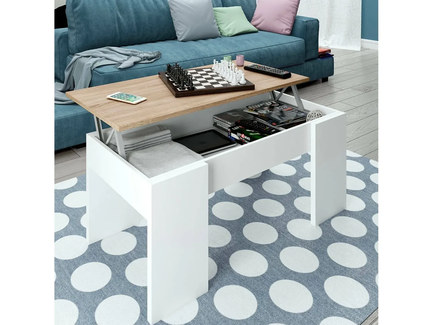 Dmora Mesa de centro Dleal, Mesa de centro com tampo elevável, Mesa baixa de sala, 100x50h45/56 cm, e Carvalho Branco