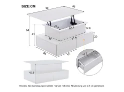 Mesa De Centro*Merax Mesa de centro elevatória - 90 x 55 x 41 cm - moderna em alto brilho com LEDs + 4 gavetas - aglomerado - Branco