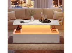 Mesa De Centro*Merax Mesa de centro elevatória - 90 x 55 x 41 cm - moderna em alto brilho com LEDs + 4 gavetas - aglomerado - Branco