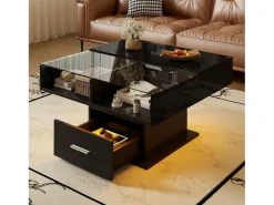 Discount Merax Mesa de centro elevatória - 78 x 78 x 45/59 cm - alto brilho com LEDs + 1 gaveta - aglomerado - Preto