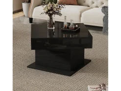 Clearance ModernLuxe Mesa de centro elevatória 70x70x45cm - Tampos giratórios 360° - com 1 gaveta - Armazenamento oculto - Acabamento brilhante - ​​​ Preto