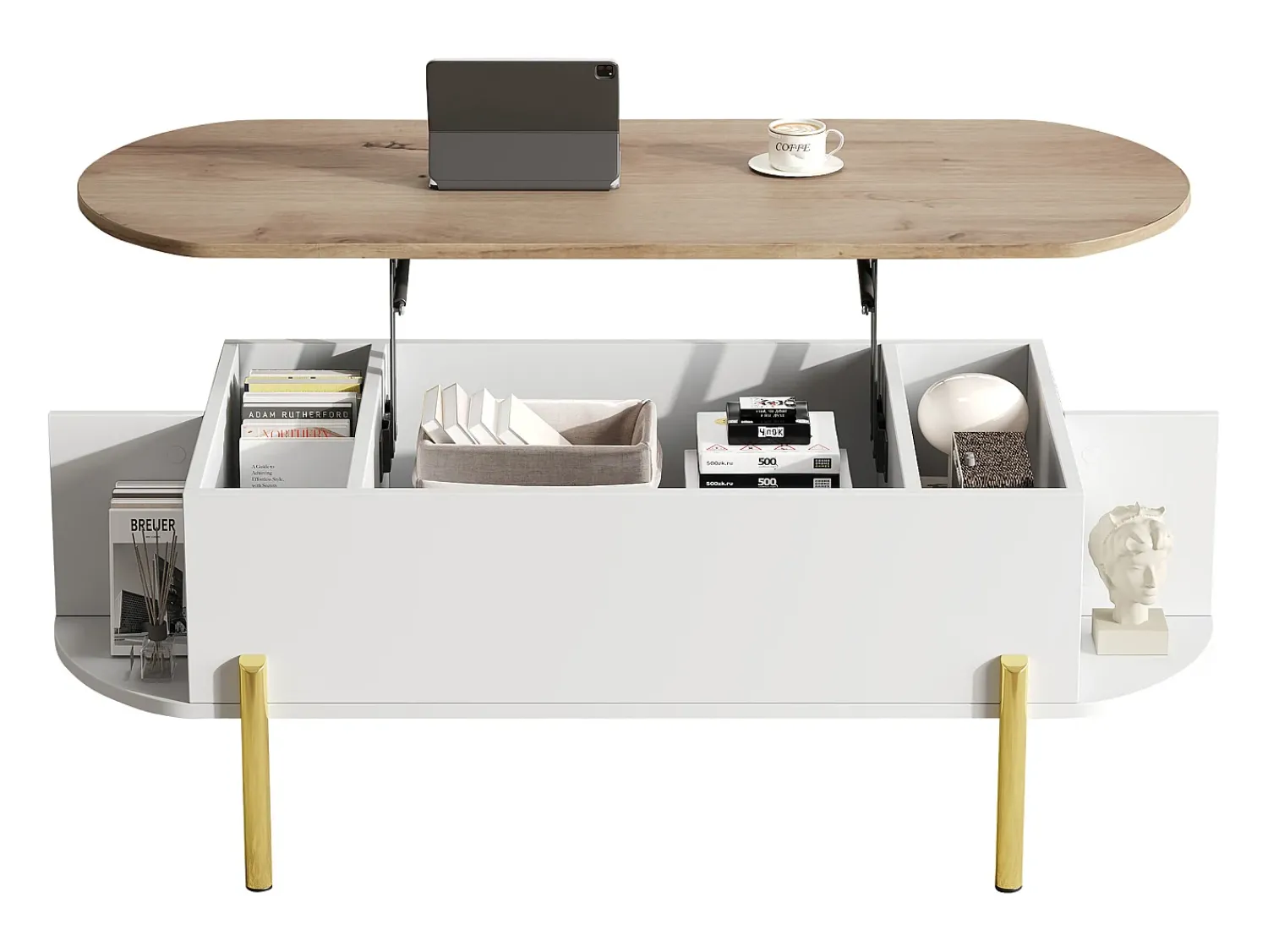 Mesa De Centro|ModernLuxe Mesa de centro elevatória 120x50x43 cm - com armazenamento - Pés de metal - MDF - Branco + Natural Natural claro / Branco