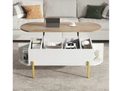 Mesa De Centro|ModernLuxe Mesa de centro elevatória 120x50x43 cm - com armazenamento - Pés de metal - MDF - Branco + Natural Natural claro / Branco