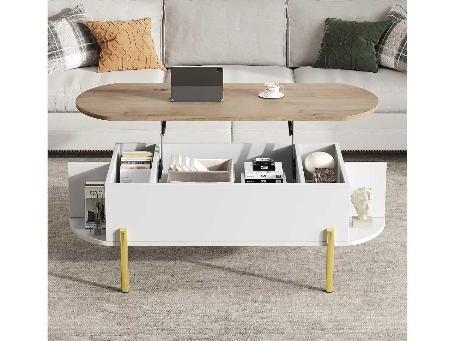 Mesa De Centro|ModernLuxe Mesa de centro elevatória 120x50x43 cm - com armazenamento - Pés de metal - MDF - Branco + Natural Natural claro / Branco