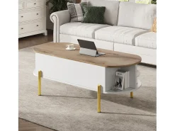 Mesa De Centro|ModernLuxe Mesa de centro elevatória 120x50x43 cm - com armazenamento - Pés de metal - MDF - Branco + Natural Natural claro / Branco
