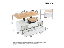 Merax Mesa de centro elevatória - 100 x 50 x 47,5 cm - com função dobrável + 4 gavetas + rodízios - MDF - natural^ Mesa De Centro