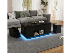 Online Merax Mesa de centro elevatória 4 em 1 - 100 x 50 x 45 cm - com LEDs + 2 gavetas + 2 bancos - aglomerado - Preto