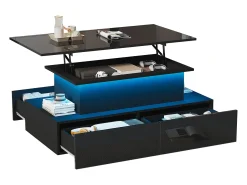 Hot Merax Mesa de centro elevatória - 90 x 55 x 41 cm - moderna em alto brilho com LEDs + 4 gavetas - aglomerado - Preto