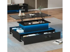 Hot Merax Mesa de centro elevatória - 90 x 55 x 41 cm - moderna em alto brilho com LEDs + 4 gavetas - aglomerado - Preto