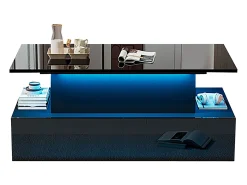 Hot Merax Mesa de centro elevatória - 90 x 55 x 41 cm - moderna em alto brilho com LEDs + 4 gavetas - aglomerado - Preto