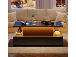 Hot Merax Mesa de centro elevatória - 90 x 55 x 41 cm - moderna em alto brilho com LEDs + 4 gavetas - aglomerado - Preto