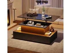 Hot Merax Mesa de centro elevatória - 90 x 55 x 41 cm - moderna em alto brilho com LEDs + 4 gavetas - aglomerado - Preto
